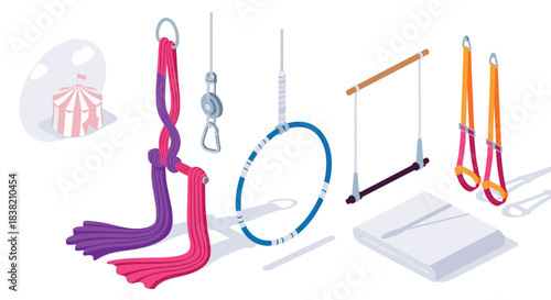 Isometric circus equipment set with aerial silk, rings, and trapeze on white background