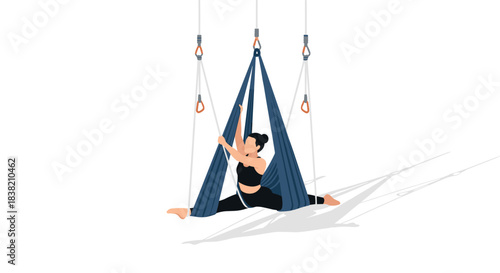 Woman practicing aerial yoga in hammock on white background