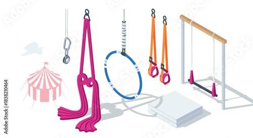 Isometric circus equipment set with tent and gymnastic rings