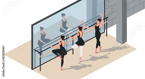 Isometric ballet class: dancers practicing at the barre in studio with mirror reflection