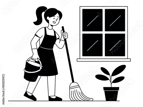 A woman in an apron mops the floor next to a window and a potted plant, depicting a routine household cleaning task.