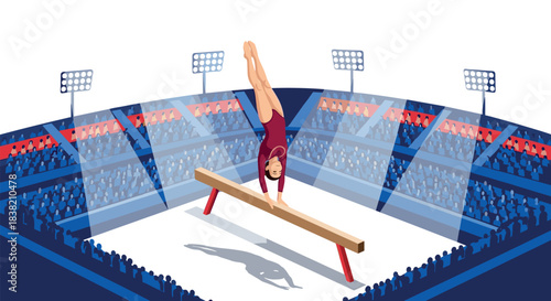 Gymnast performing handstand routine on balance beam in stadium