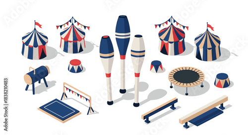 Isometric circus equipment set: tents, trampolines, and juggling clubs in red, white, blue