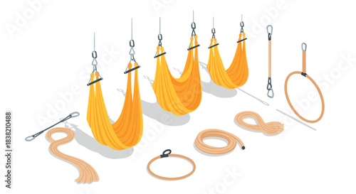 Aerial yoga equipment set with swings and hoops in isometric style