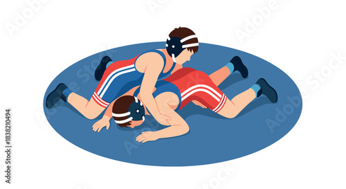 Two wrestlers competing on mat in flat design style