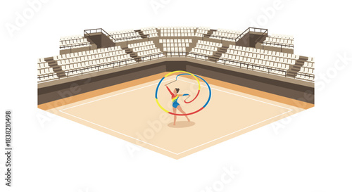 Gymnast performing rhythmic ribbon routine in empty arena isometric view