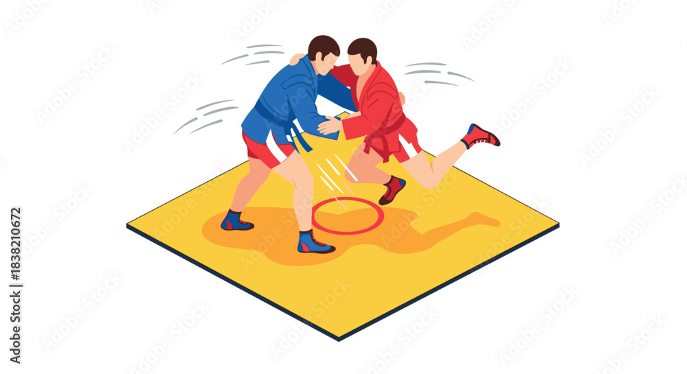 Obraz premium Dynamic isometric martial arts match with wrestlers in action