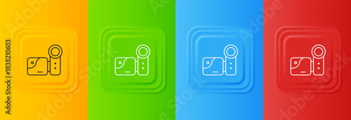 White Cinema camera icon isolated on colorful background. Video camera. Movie sign. Film projector. Set icons in square buttons. Vector