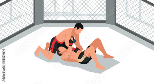 Mixed martial arts bout in cage arena: grappling technique in action