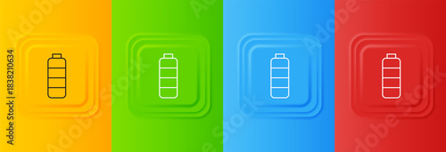 White Battery charge level indicator icon isolated on colorful background. Set icons in square buttons. Vector