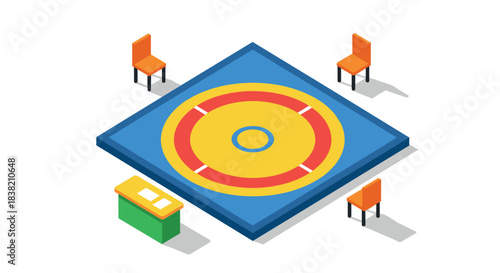 Isometric wrestling mat with chairs and officials table in bright colors