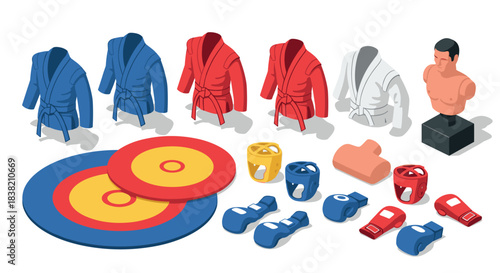 Isometric martial arts gear collection with colorful uniforms and equipment