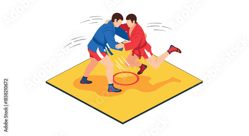 Dynamic isometric martial arts match with wrestlers in action