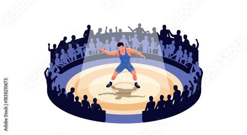Dynamic wrestling match in circular arena with spectators