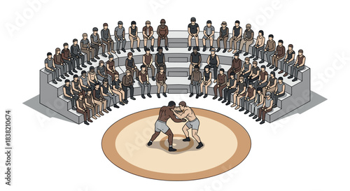 Wrestling match in arena with audience watching from stadium seats