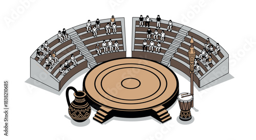Isometric ancient amphitheater with tribal pottery and drum