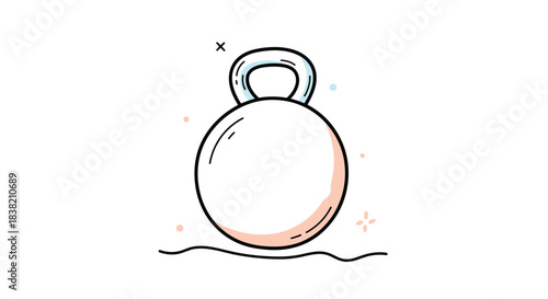 Cute hand-drawn doodle illustration of a kettlebell with subtle pastel coloring representing fitness exercise and strength training.