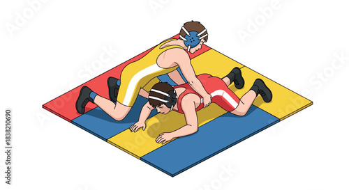 Dynamic wrestling match on colorful mat with athletes in action