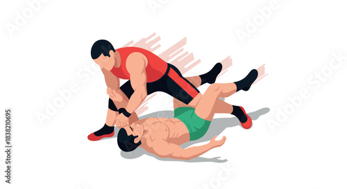 Dynamic wrestling match with two athletes in action-packed scene on white background