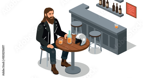Biker enjoying a drink in a bar setting with helmet on table, isometric style