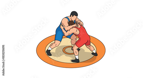 Dynamic wrestling scene with two competitors in colorful outfits on mat