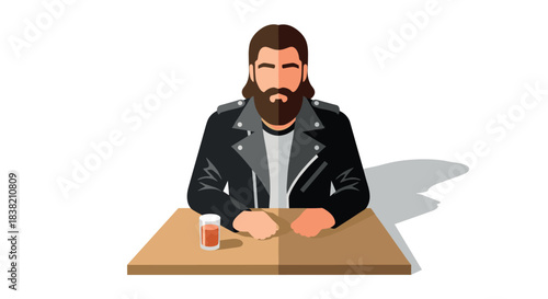 Bearded man in leather jacket sitting at table with drink