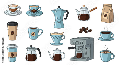 Collection of various coffee-making icons and equipment in a stitched line art style including espresso machine moka pot and cups.