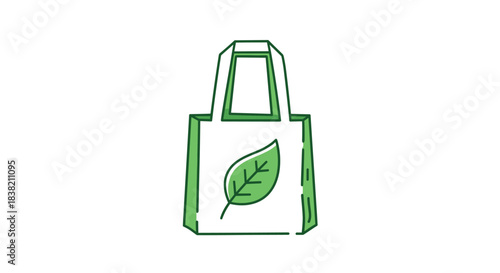 Simple green line art icon of an eco-friendly reusable shopping tote bag with a leaf symbol promoting zero waste living.