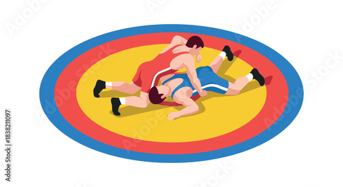 Wrestling match in action on colorful mat