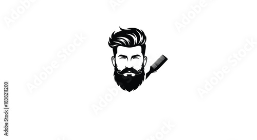 Modern black and white barbershop logo featuring a stylish man with a beard mustache and pompadour haircut with a comb.