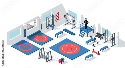 Isometric gym design featuring wrestling mats and training equipment