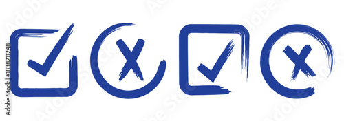 Check tick mark icon set. Cross box x check mark checkbox v list vector draw hand drawn sketch doodle brush marker checklist symbol wrong right circle. Vector Illustration