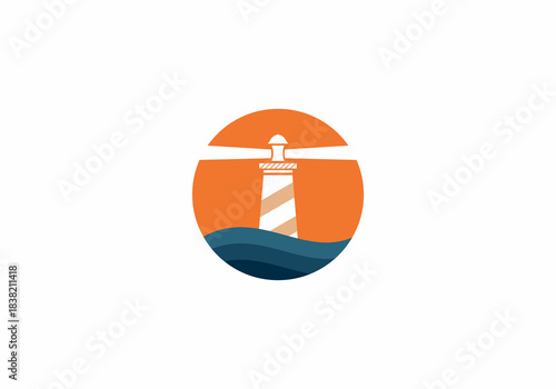 Orange creative icon of lighthouse and sea inside circle for your company