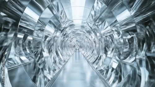 Abstract futuristic tunnel with repeating reflective patterns and light