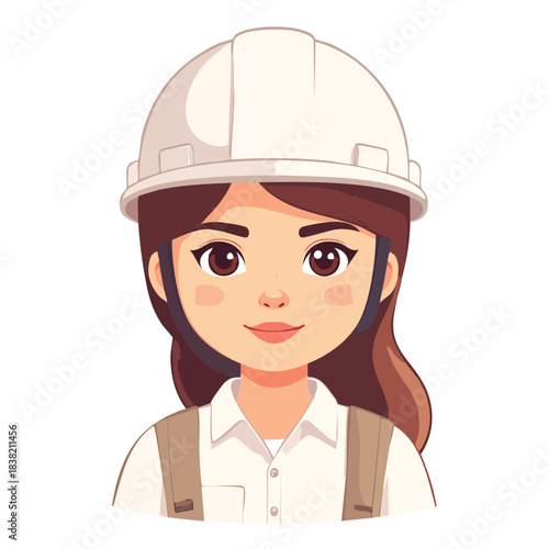 Cartoon woman construction worker wearing hard hat and overalls.