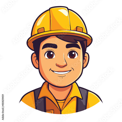 Cartoon construction worker with yellow hard hat and orange shirt.