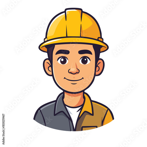 Cartoon illustration of a male construction worker wearing a yellow hard hat.