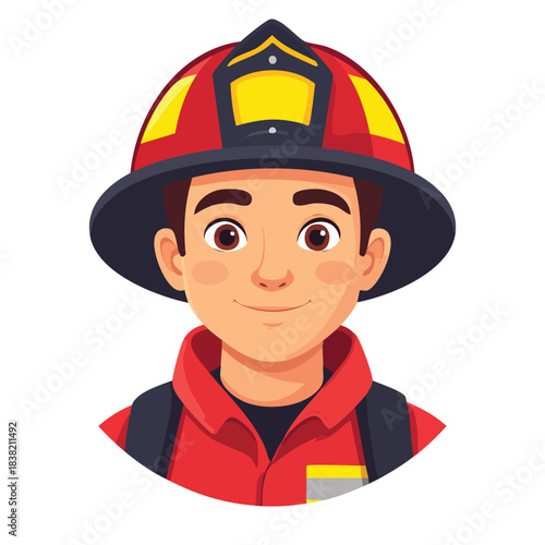 Young Male Firefighter Wearing Red and Yellow Helmet Smiling Confidently.