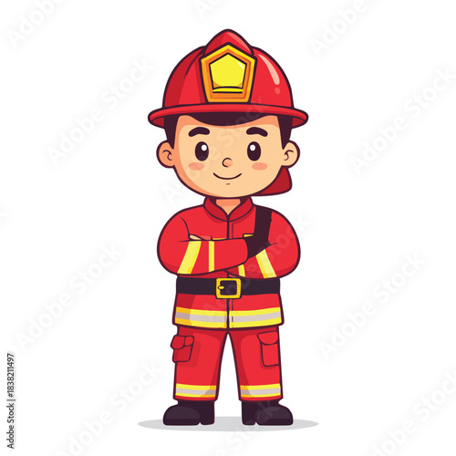 Cute Cartoon Firefighter Standing Proudly With Arms Crossed.