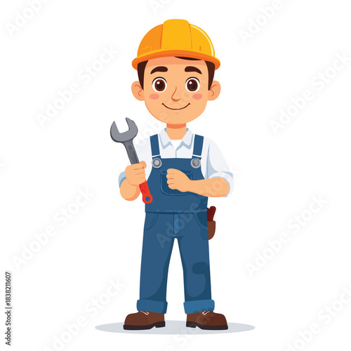 Cartoon construction worker holding a wrench ready for work.