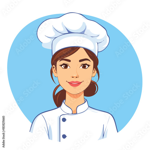 Young Female Chef in Professional Uniform Smiling Happily.