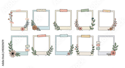 Collection of hand-drawn instant photo frames decorated with washi tape and delicate flowers for scrapbooking and journaling.