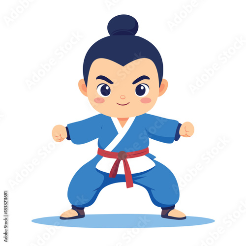 Cute Cartoon Kung Fu Kid in Martial Arts Stance.