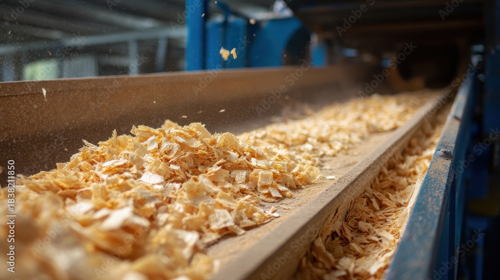 Fototapeta premium Conveyor Belt Transporting Wood Chips in Industrial Facility for Lumber Processing and Related Manufacturing Applications