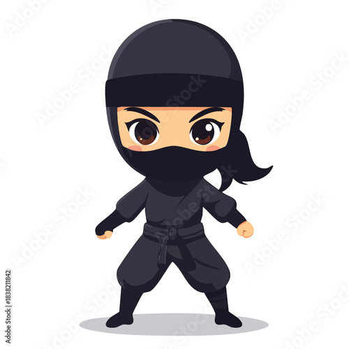 Cute Chibi Ninja Girl in Black Suit Standing Ready for Action.