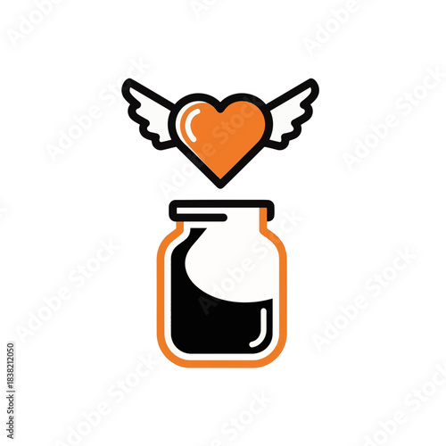 Heart with wings flying above donation jar icon. Charity and philanthropy vector symbol. Flat design illustration of love and giving