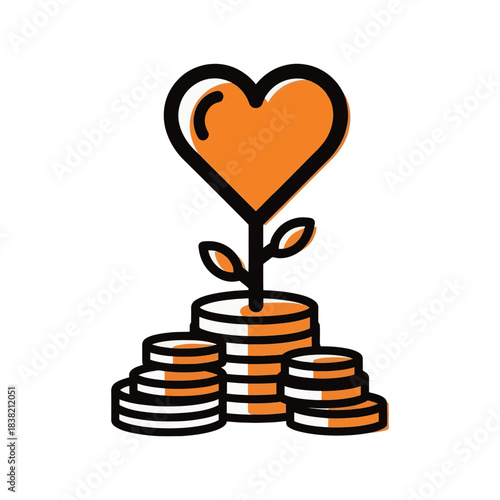 A heart-shaped plant growing from stacked coins. Financial growth, investment, and charity concept. Simple outline vector icon