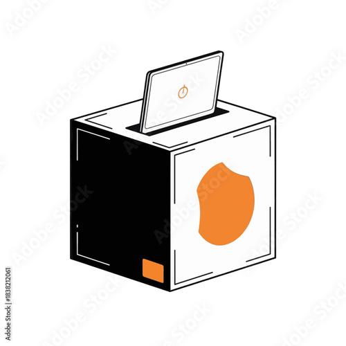 Laptop donation box vector illustration. Electronic waste recycling bin concept. Hand drawn line art icon of computer disposal isolated on transparent background