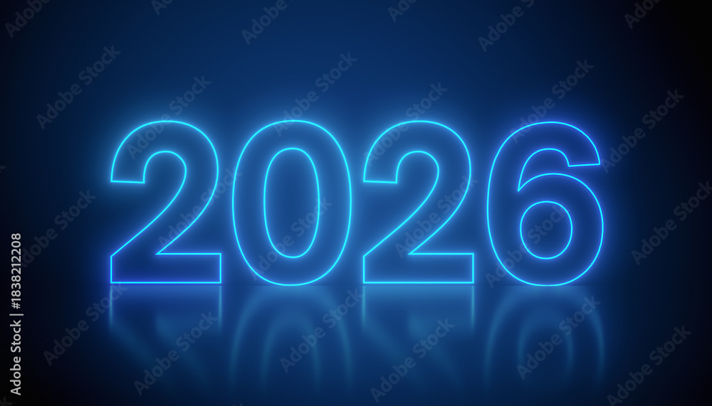 Naklejka premium Illustration of abstract neon lights with the numbers 2026 in blue over dark background on a reflective floor - represents the new year - vacation concept.