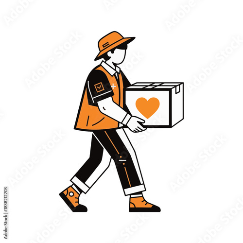 Volunteer carrying a heart box for donation or charity. Humanitarian aid and community service concept. Stylized vector illustration